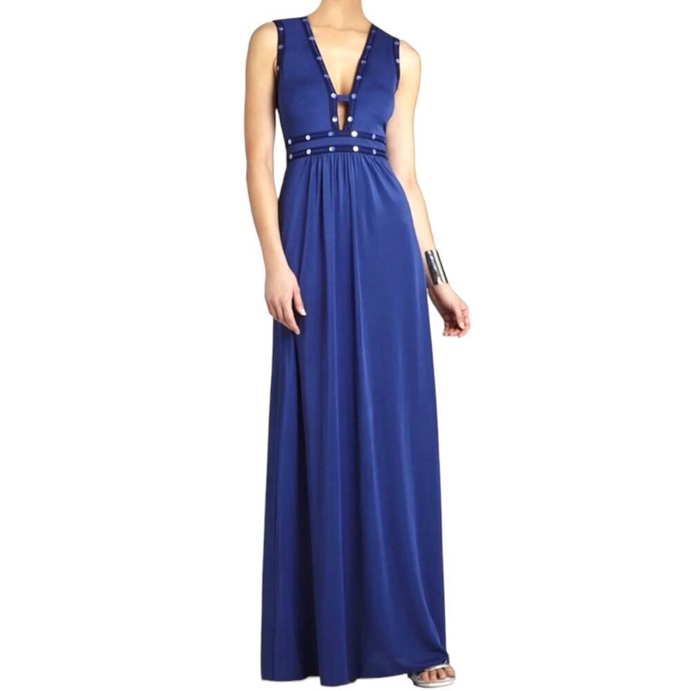 BCBGMaxAzria Juliette Royal Blue Maxi Dress Mini Skirt Lining Silver Sequined S